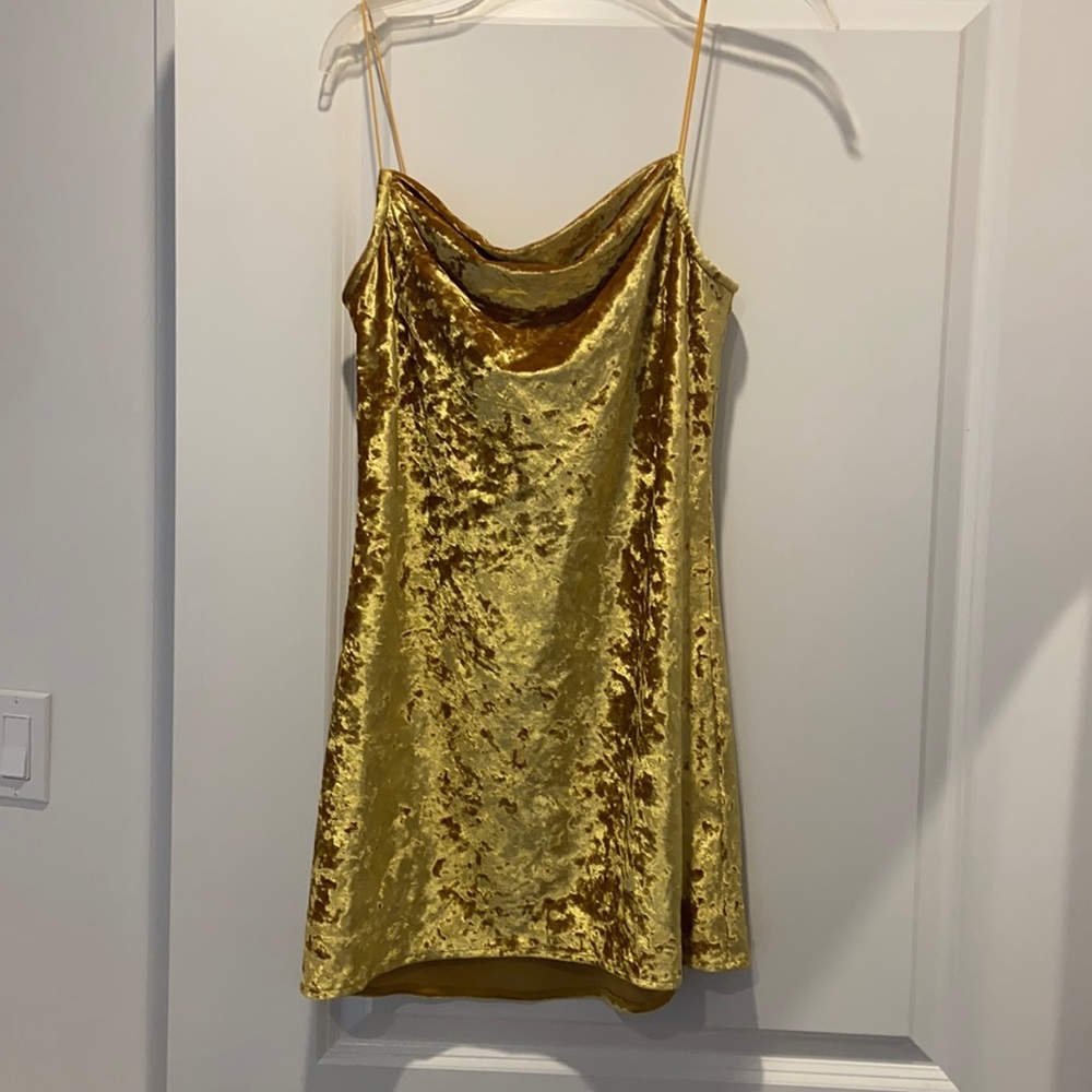 Mustard velvet mini dress.